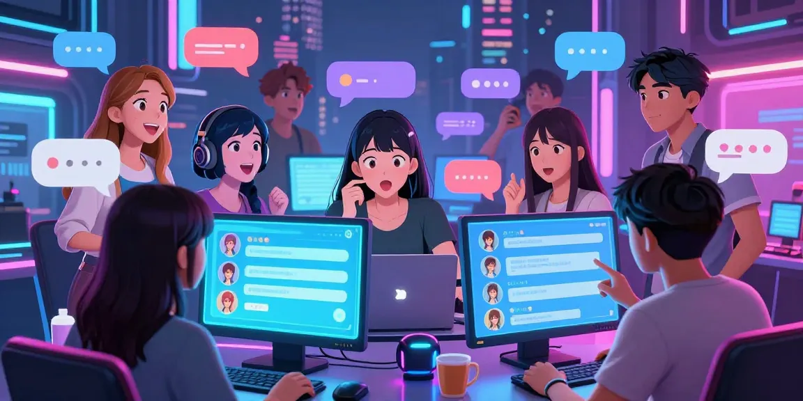 Engaging ai hentai chat experience with vibrant characters in a futuristic digital chatroom.