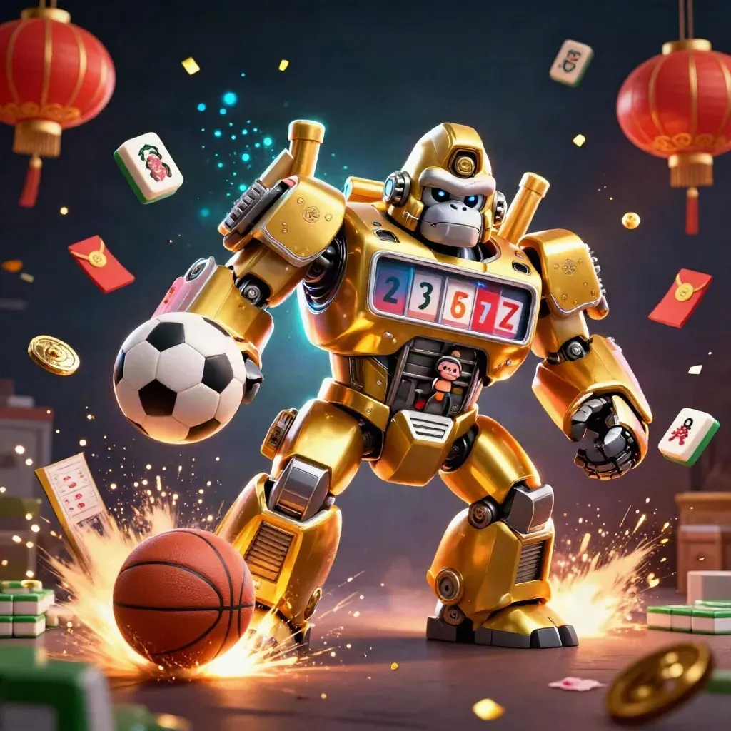 Gorilla mech dorato calcia un pallone, con effetti neon e simboli fortunati.