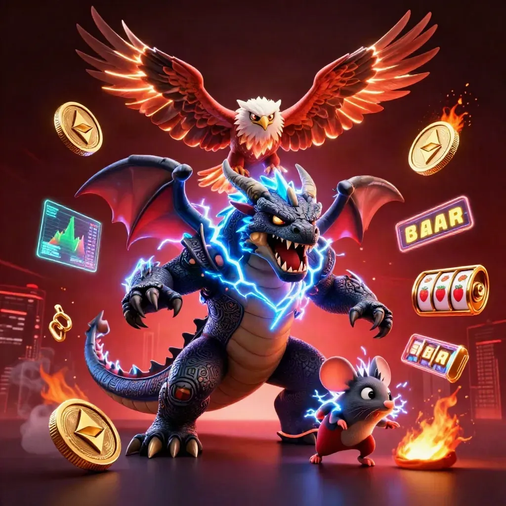 Drago, falco e topo elettrici tra monete crypto e fulmini nel buio neon.