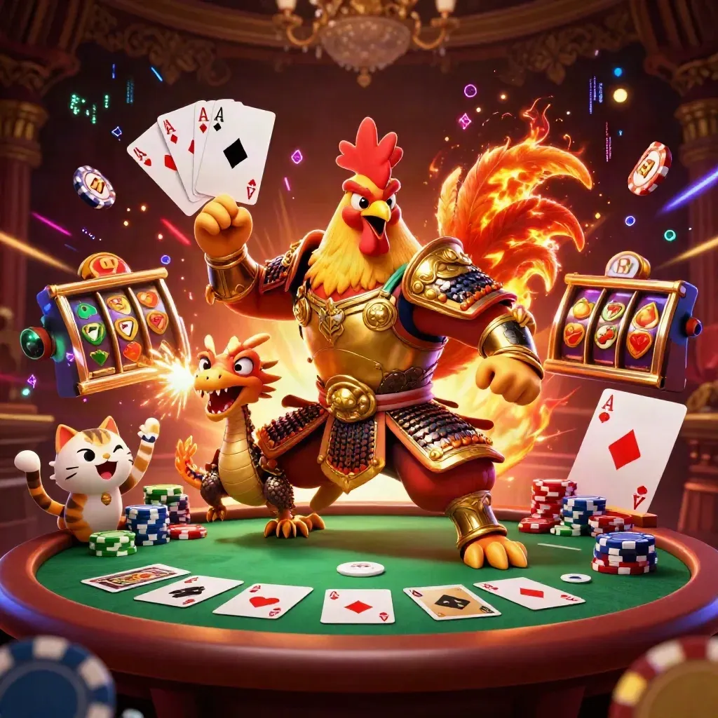 Gallo samurai, draghetto e gatto fortuna tra carte, fiches e neon di casinò.