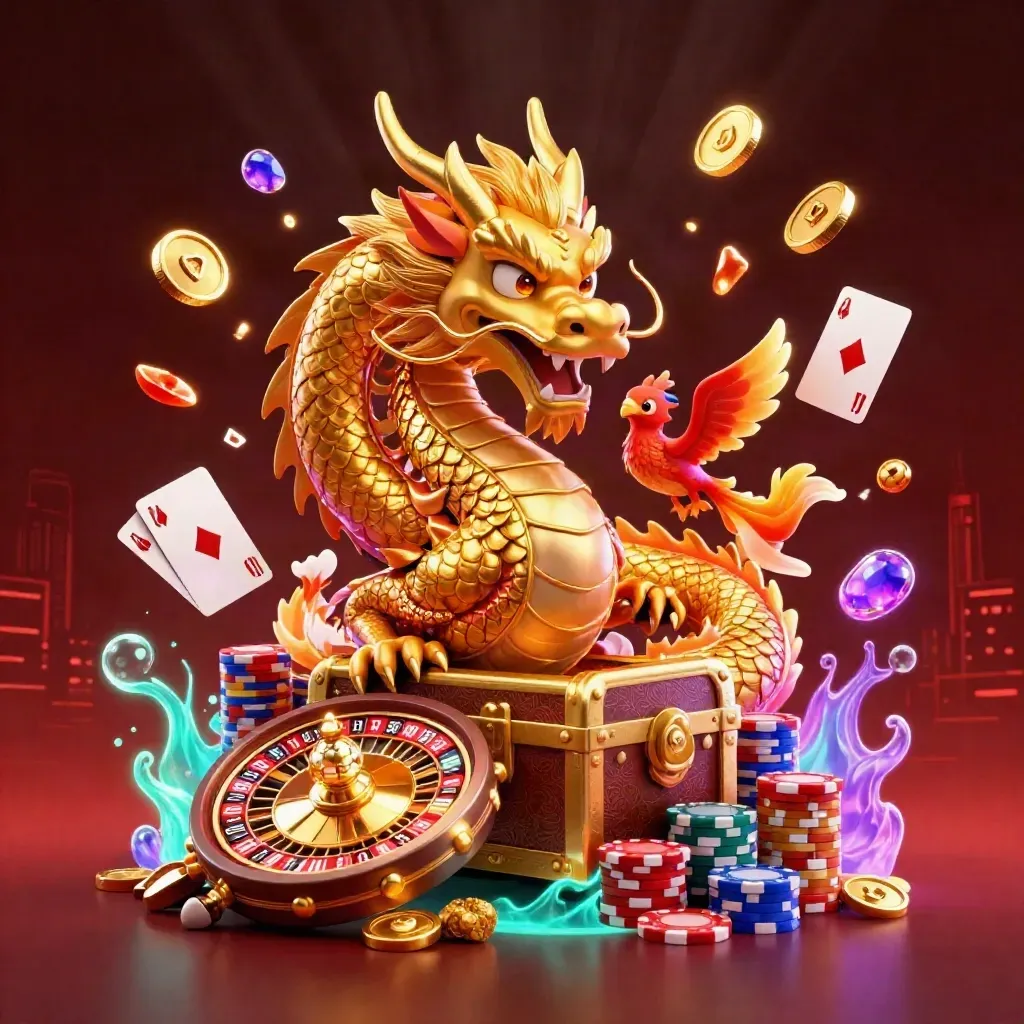 Drago d’oro con fenice, carpa e tesoro che esplodono in monete e gemme.