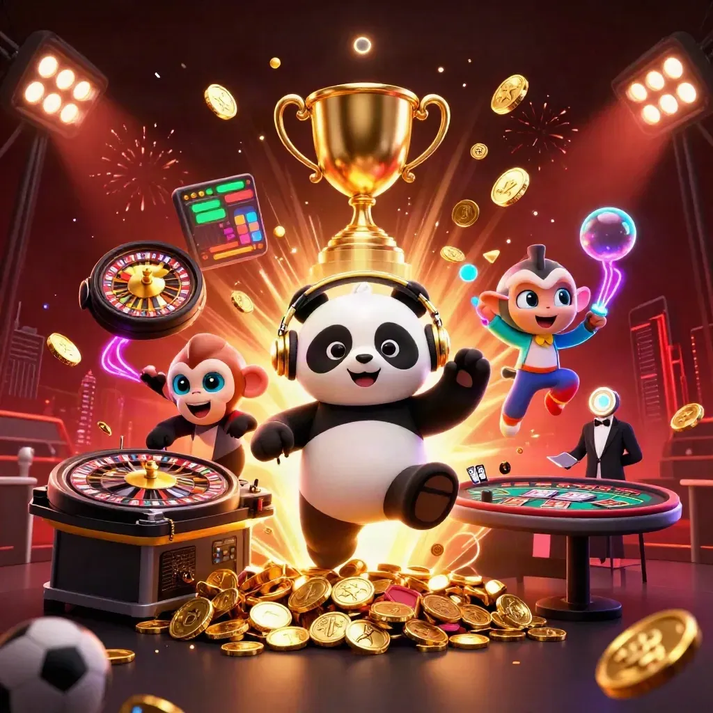 Panda DJ, scimmia e gattino rave tra monete d’oro, luci neon e tavolo da casinò.