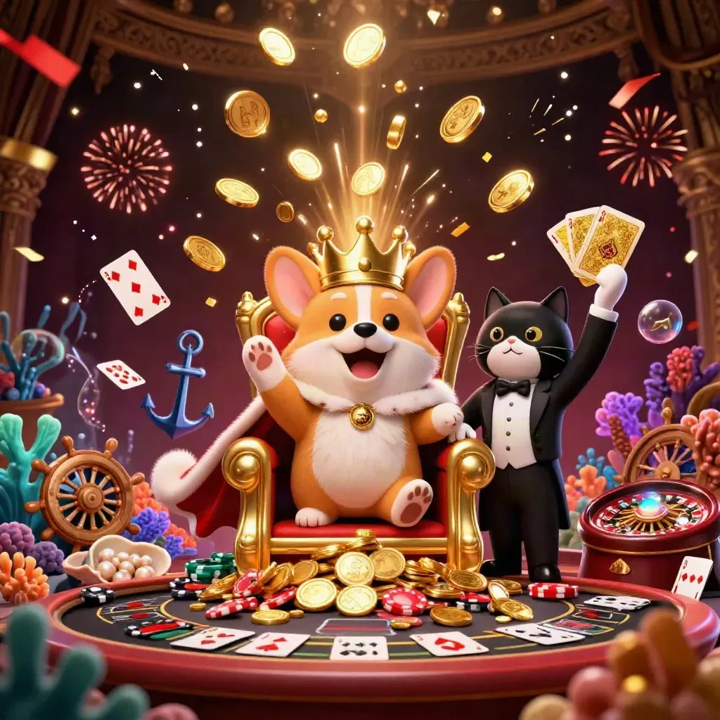 Corgi reale e gatto maggiordomo tra monete d’oro, coralli, fuochi d’artificio e lusso notturno