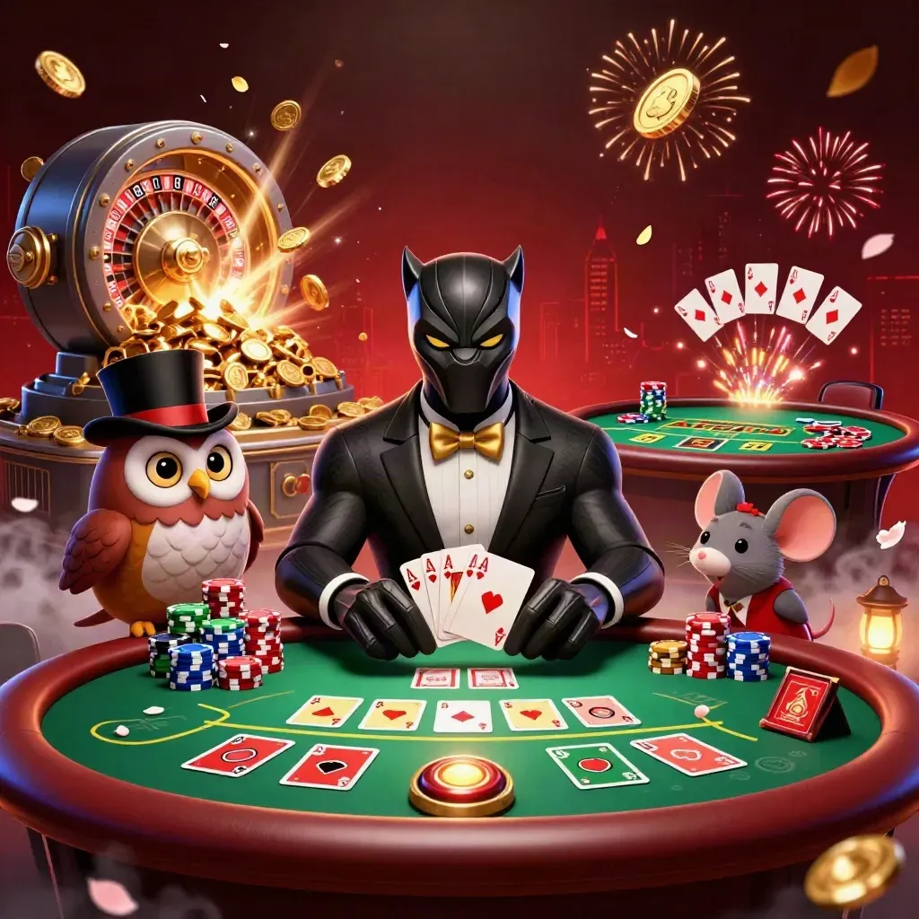 Pantera, gufo e topo in un casinò neon con gettoni, carte e monete d’oro in festa.