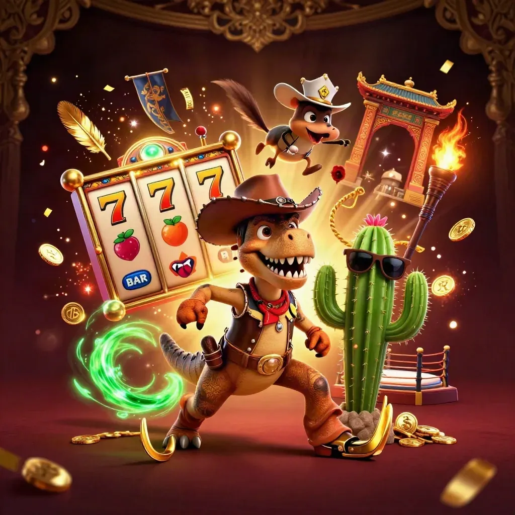 T-Rex cowboy, cactus con occhiali e roadrunner sceriffo tra slot, monete e bagliori verdi.