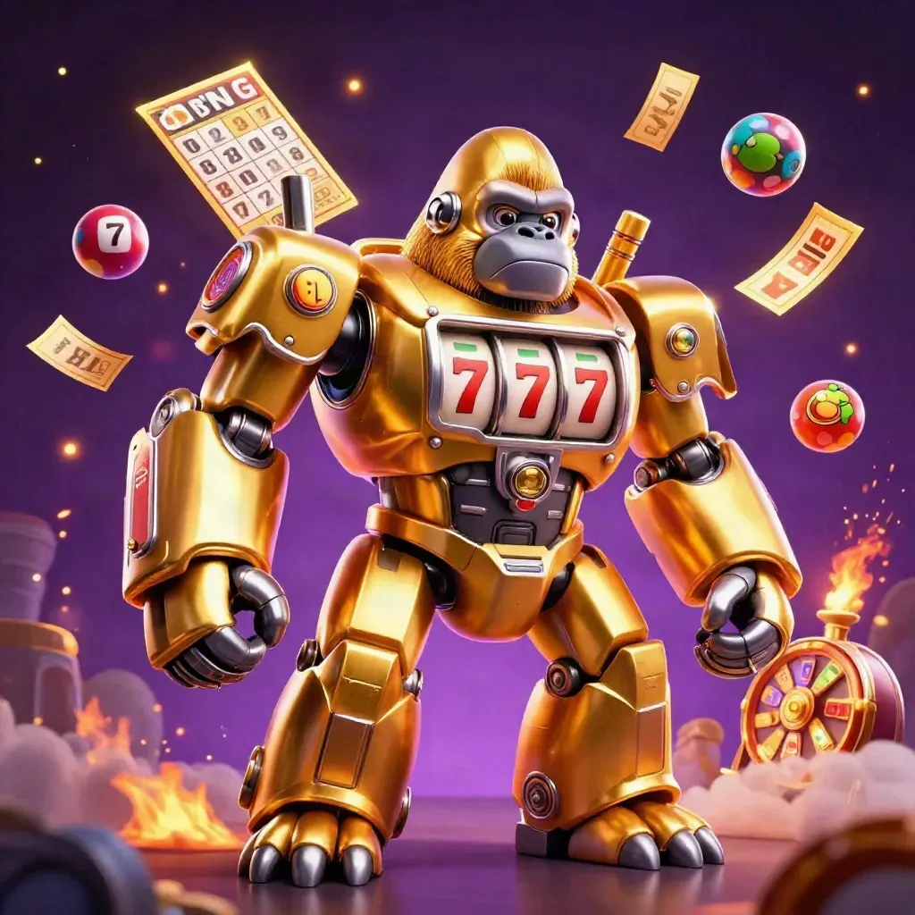 Gorilla mech dorato con scimmia pilota e simboli jackpot in volo