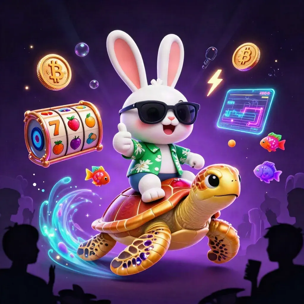 Coniglio lucky su tartaruga d’oro, pesci tropicali e slot neon, atmosfera casino lussuosa.